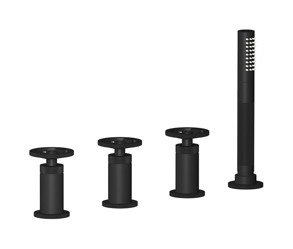 Смеситель на бортик ванной на 4 отверстия с изливом, дивертером и душевым гарнитуром. WE ARE IB b1397np Matt Black Bold