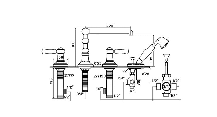 Набор для ванны с 4 отверстиями и ручным душем rvb 1935 WOOD ARCH-00072028 - Вид №2