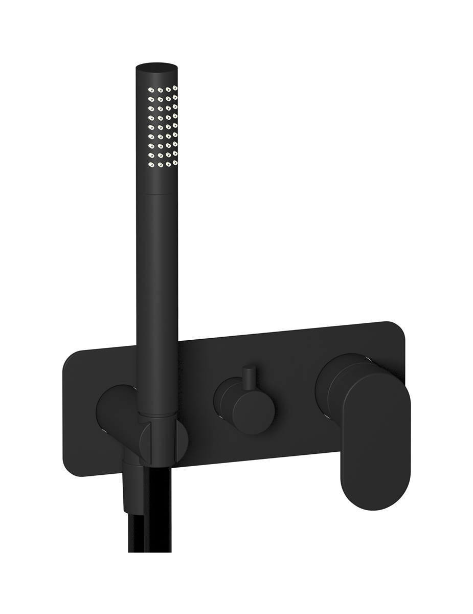 Внешние части встроенного в стену смесителя на 2 потребителя в комплекте с душевым гарнитуром. WE ARE IB sh061cf Matt Black YesPlease