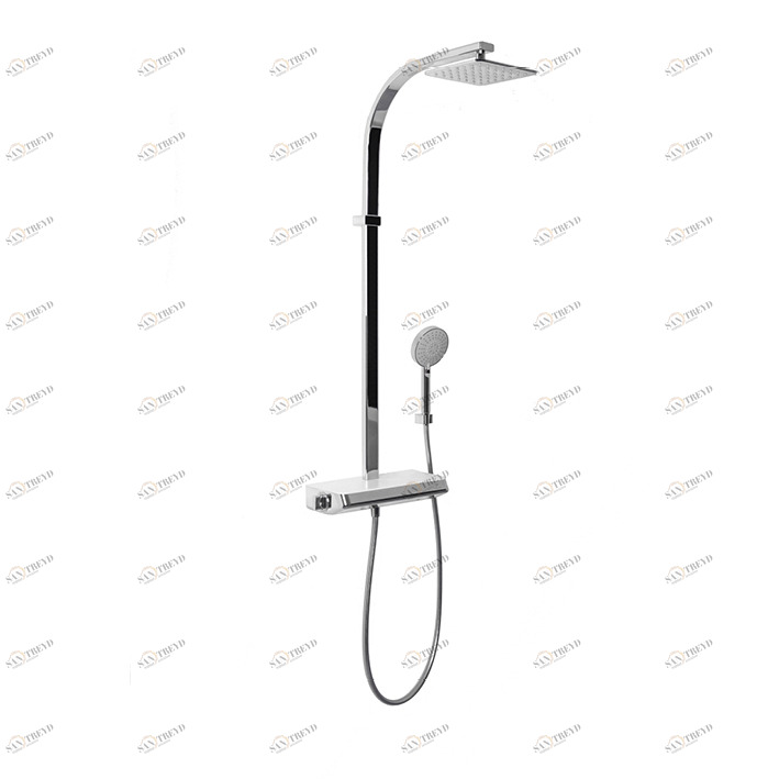 Термостатическая душевая стойка со встроенным восковым термоэлементом, полкой из KRION®, душевой лейкой, настенным кронштейном и   Ручной душ "JOY". Соединения 1/2 "и расстояние между ними 150 мм. Включает обратный клапан и предохранительный стопор на 38º Noken BALANS 100170240