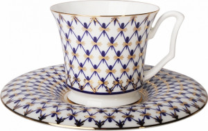 10523338 Императорский фарфоровый завод Чашка с блюдцем "Кобальтовая сетка" "Юлия" Фарфор костяной
