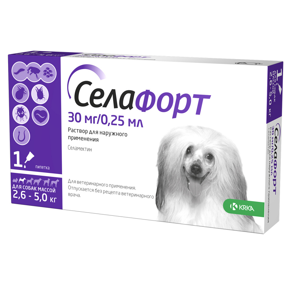 ПР0049141 Р-р для наружного применения для собак Селафорт весом 2,6-5,0 кг, 0,25 мл (30мг), шт KRKA 