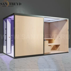 Effegibi BODYLOVE SH BL45140007 Боковая комбинированная баня: хаммам и сауна. Установка: к стене. Мощность: 15 кВт макс. Размеры: длина 393 см, ширина 176 см. Отделка: канадский хемлок, трубчатое стекло и гладкий хемлок.