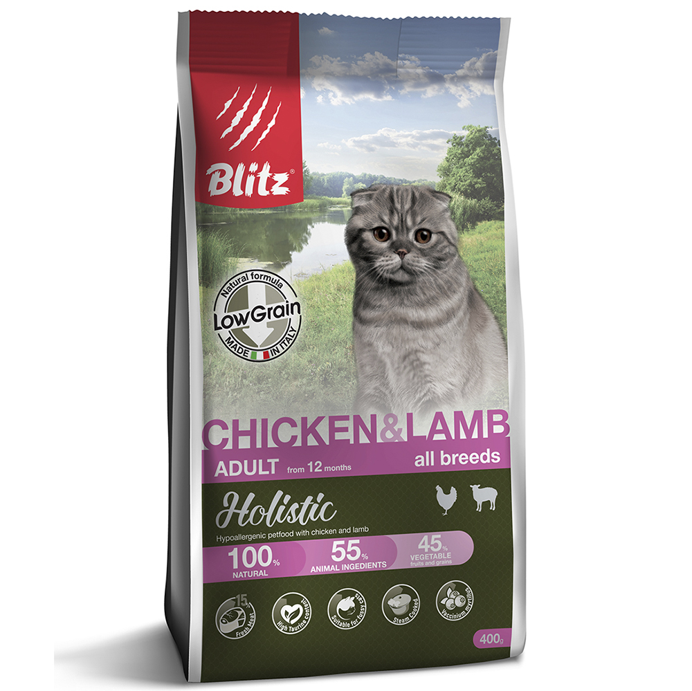 ПР0055603 Корм для кошек Holistic низкозерновой, курица, ягненок сух. 400г Blitz 