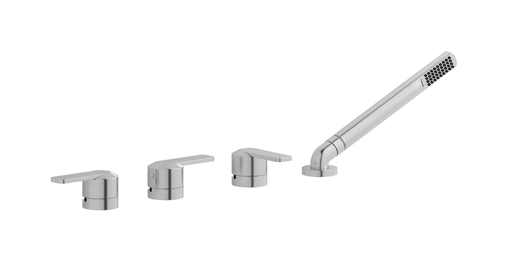 Смеситель на бортик ванной на 4 отверстия с изливом, дивертером и душевым гарнитуром. WE ARE IB c6397ss Brushed Nickel C-67