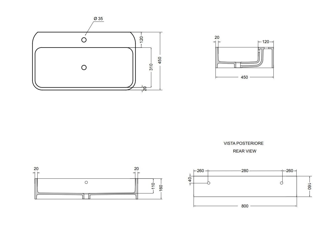 Прямоугольная керамическая раковина с переливом Axa вещь ARCH-00022196 - Вид №3