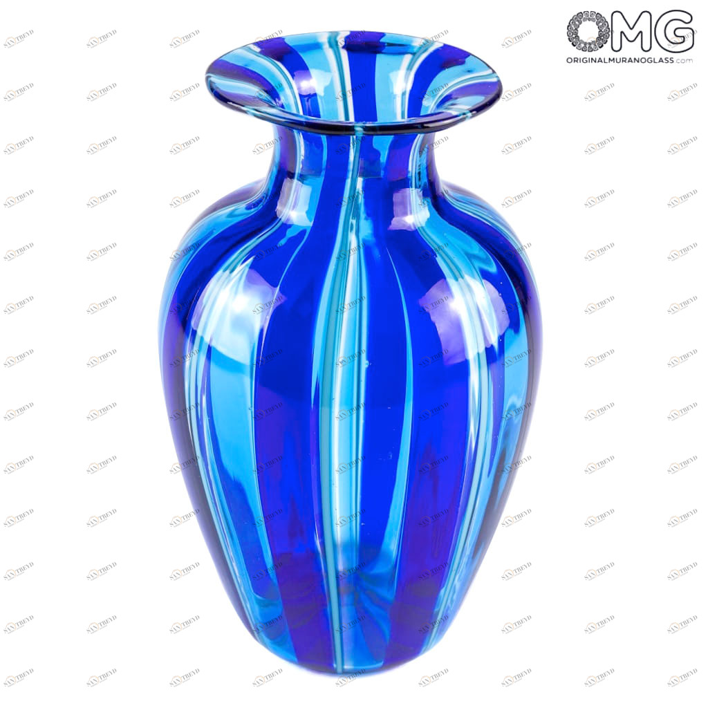2449 ORIGINALMURANOGLASS Ваза в синюю полоску из муранского стекла - Original Murano Glass OMG 11 см 