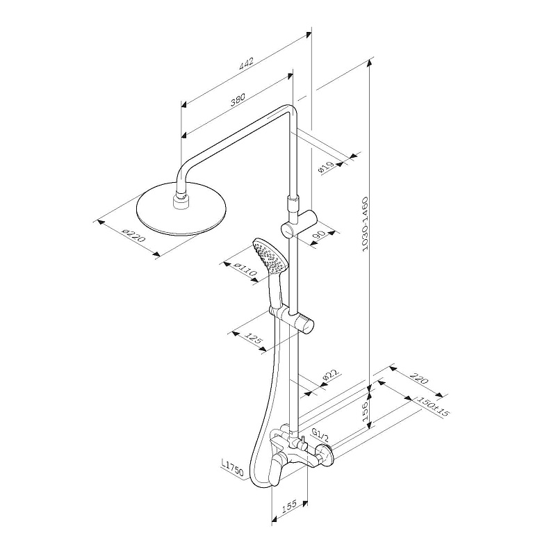 F0785C800 душ.системанабор:см-ль д/душа с переключателемверхний душ d220 мм ручной душ 110 AM.PM Sunny - Вид №12