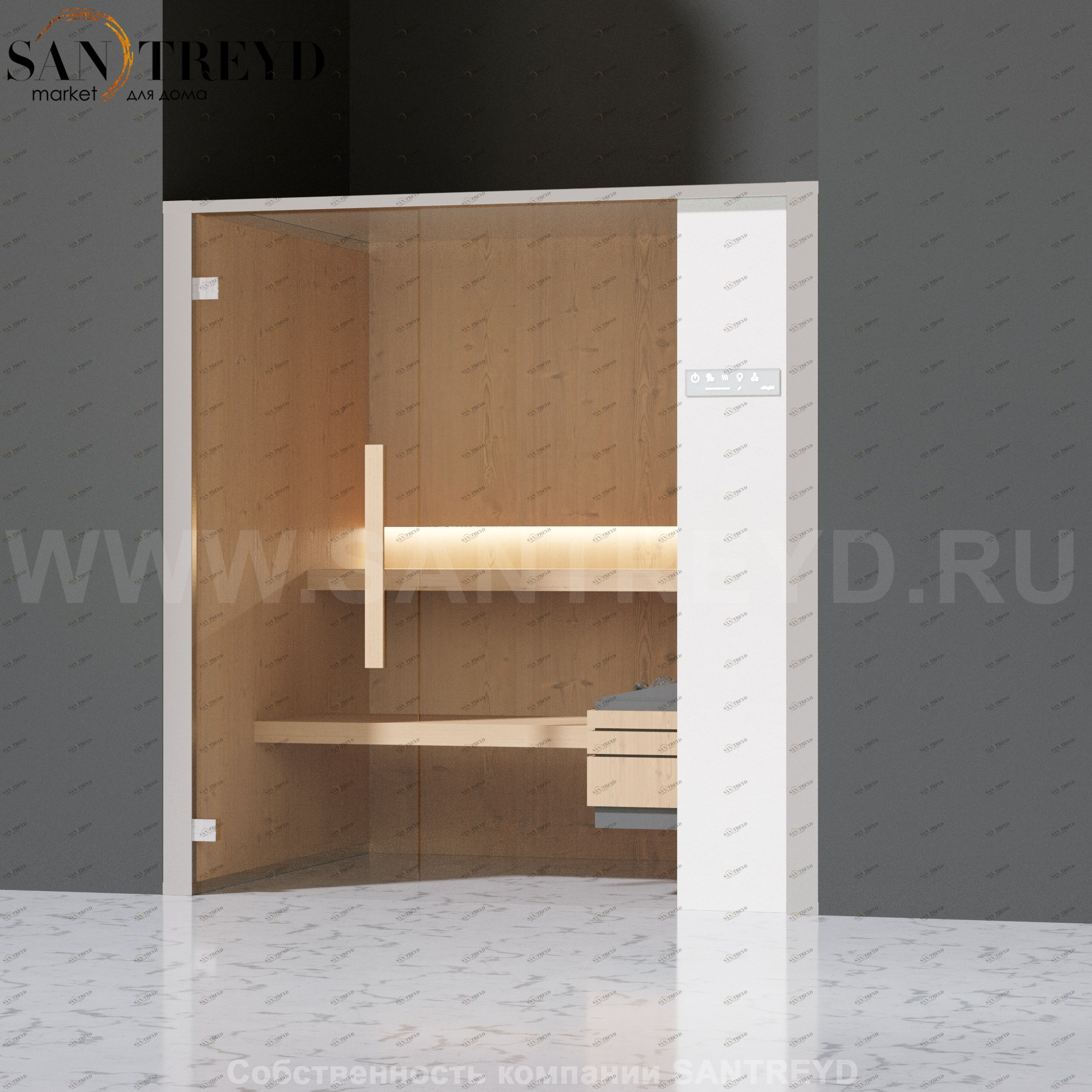 Effegibi ONEFILO S LO51020009 Сауна. Установка: в нишу. Правая дверь. Мощность: 4,5 кВт макс. Размеры: длина 214 см, ширина 171 см. Отделка: матовый лакированный белый аллюминий и серый ламинат из керамогранита.