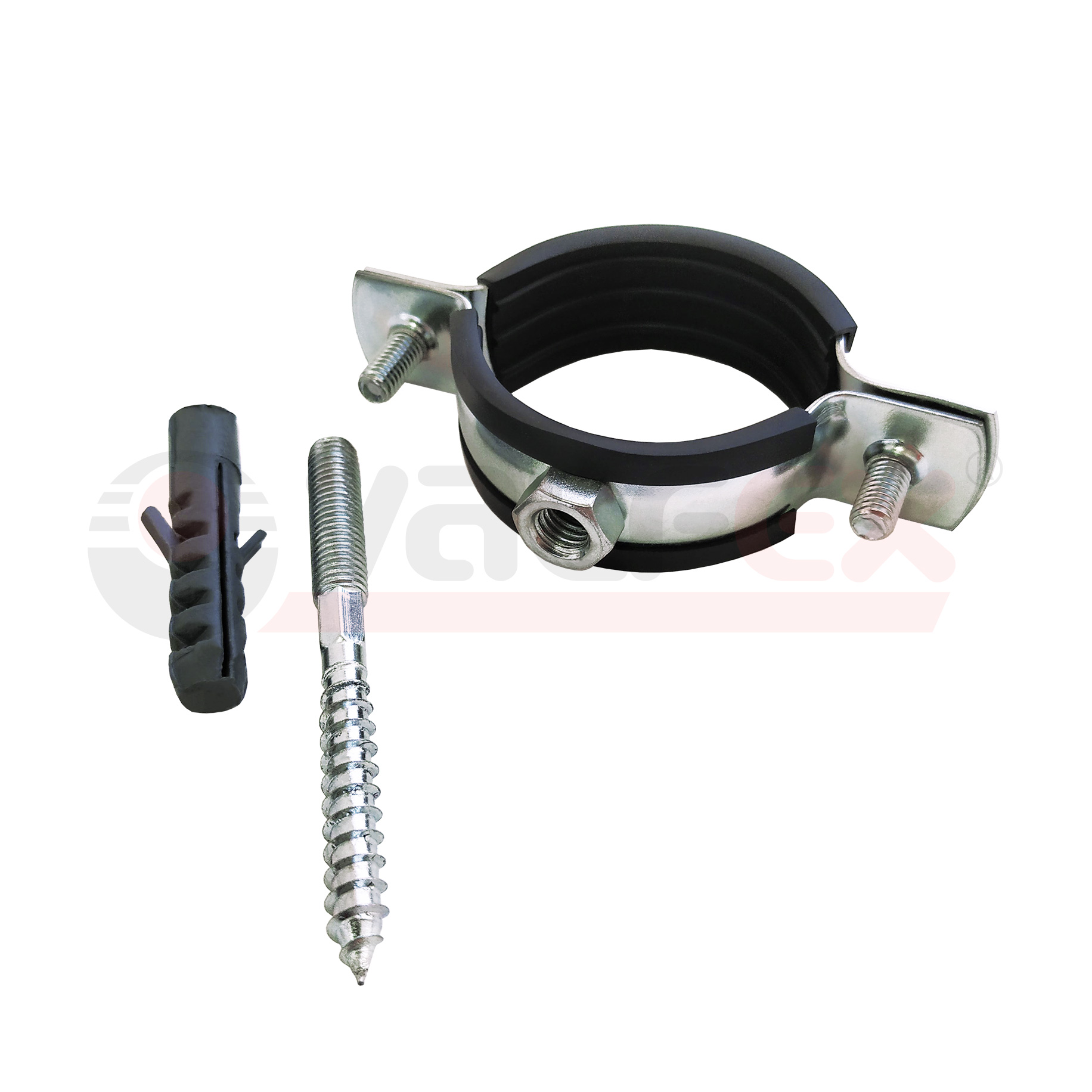 45WR-115-M Valfex Хомут оцинкованный с резиновым уплотнением (в комплекте шпилька М8*80 и дюбель) Россия 