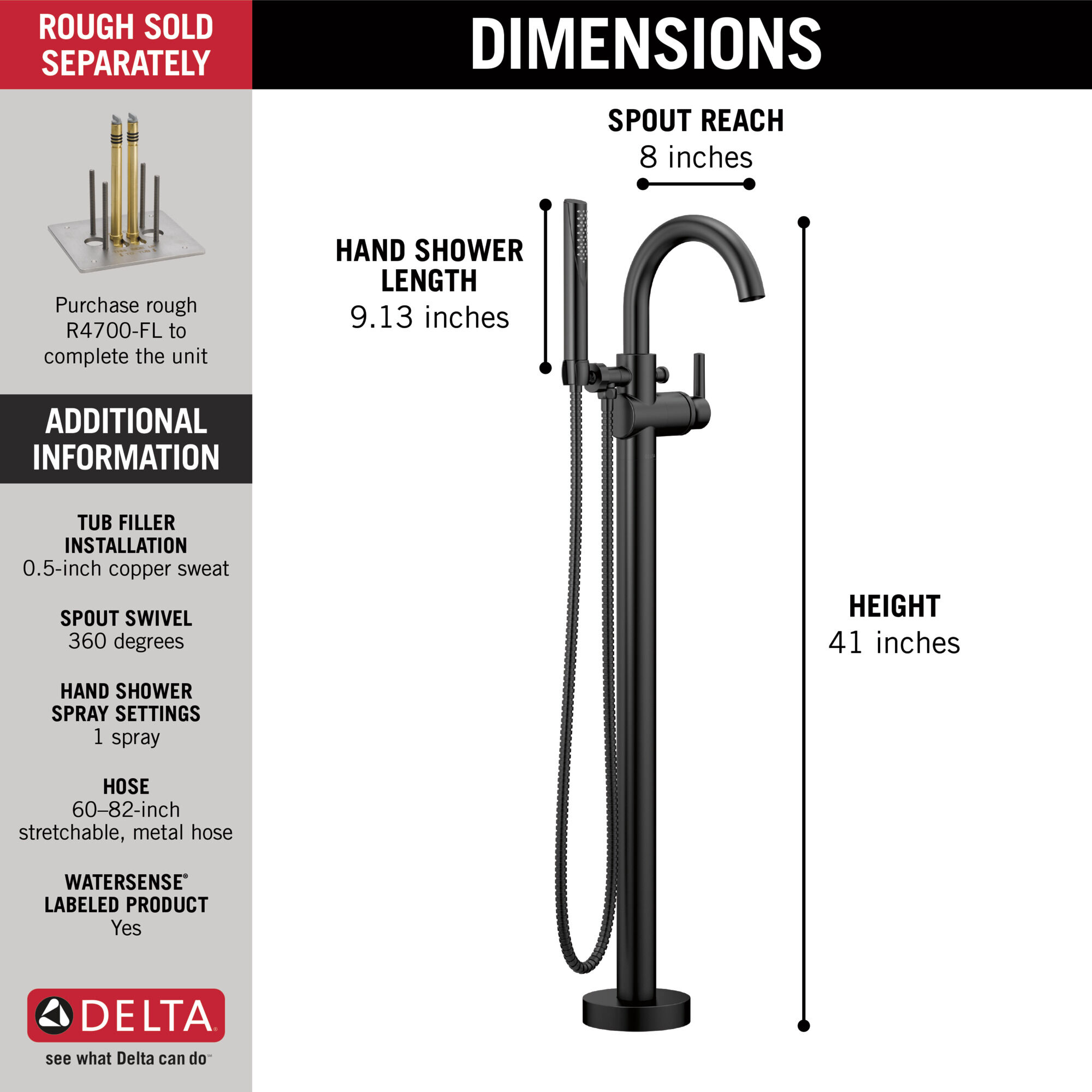 T4759-BLFL Напольная накладка для ванны с одной ручкой и ручным душем Delta Faucet Delta Матовый черный - Вид №4