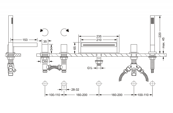 Смеситель для ванны на 5 отверстий ½“, монтаж на борт ванны JOERGER Acubo 621.50.100.000 - Вид №1