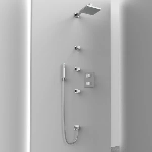 Graffio Квадратная внутренняя часть душа. <br /> Включает кронштейн, душевую лейку, душ, гибкую опору, подключение к водопроводу, 3 боковых форсунки, термостатический смеситель. <br /> * Также доступен с комплектом подключения воды и держателем (AM401-PA