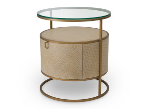Круглая деревянная и стеклянная прикроватная тумбочка с ящиками