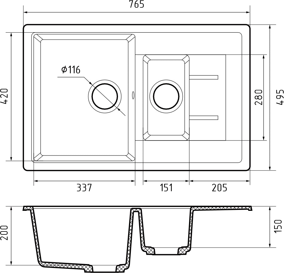 Кухонная мойка Искусственный камень QUADRO S293 GranFest Q-775KL-S293 - Вид №1