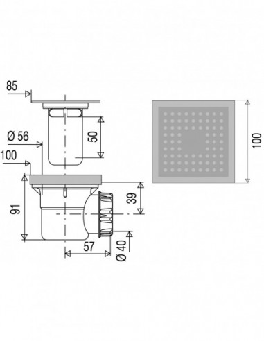 568853 000 00  Трап с решеткой для душевой кабины 100 х 100 мм, выс. 91 мм, хромированный металл Valentin Хром  - Вид №2