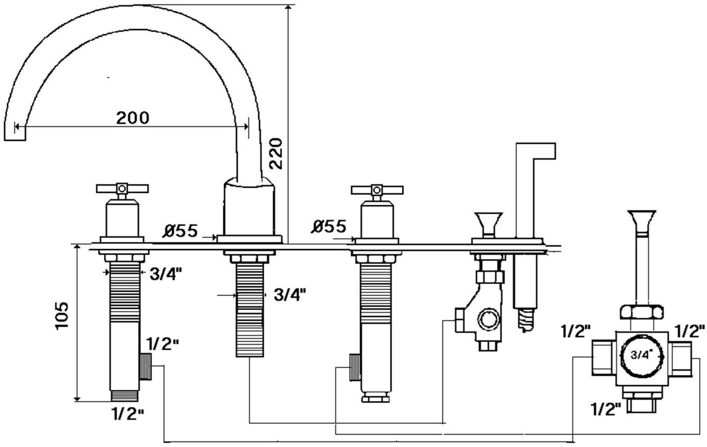 rvb Комплект для ванны с ручным душем на 4 отверстия Sully 4032.--.70 - Вид №1