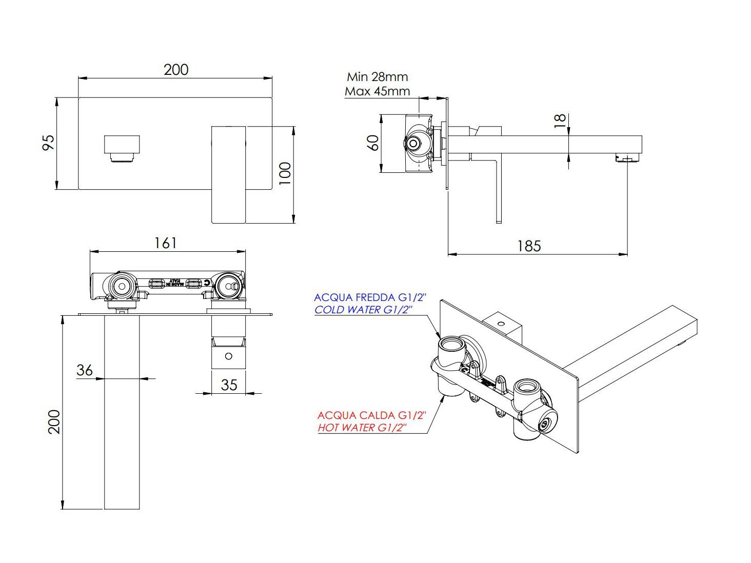 Однорычажный настенный смеситель для раковины с пластиной Rubinetterie Mariani Rebel ARCH-00148831 - Вид №2
