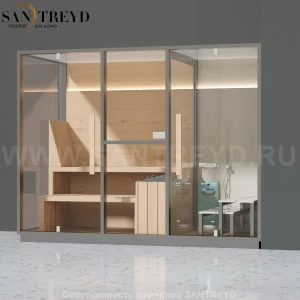 Effegibi MID LO70010003 Комбинированная баня: хаммам - душ и сауна. Установка: в правый угол. Мощность: 11 кВт макс. Размеры: длина 300 см, ширина 137 см. Отделка: канадский хемлок, матовый лакированный серый аллюминий и бежевый ламинат из керамогранита.