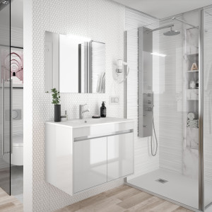 84963 SALGAR Комплект мебели для ванной Noja 600 2 двери БЕЛЫЙ ГЛЯНЕЦ ЛАК + Раковина + Зеркало + Свет Глянцевый белый