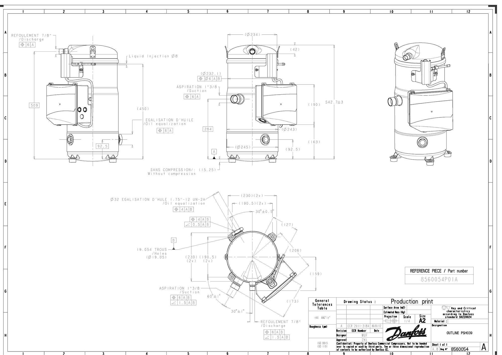 Danfoss PSH — Герметичные спиральные компрессоры, R410A PSH030A4CLD Компрессор спиральный 120H0937  - Вид №8