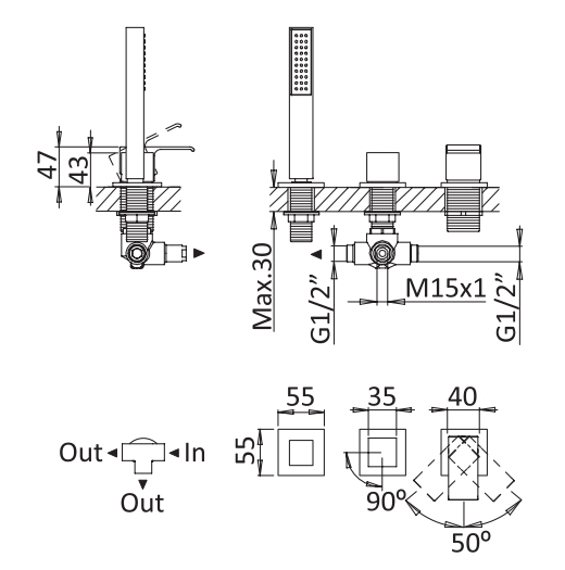 Смеситель на борт ванны с выдвижным душем и переключателем CEZARES PORTA-BVDM3-BIO - Вид №1