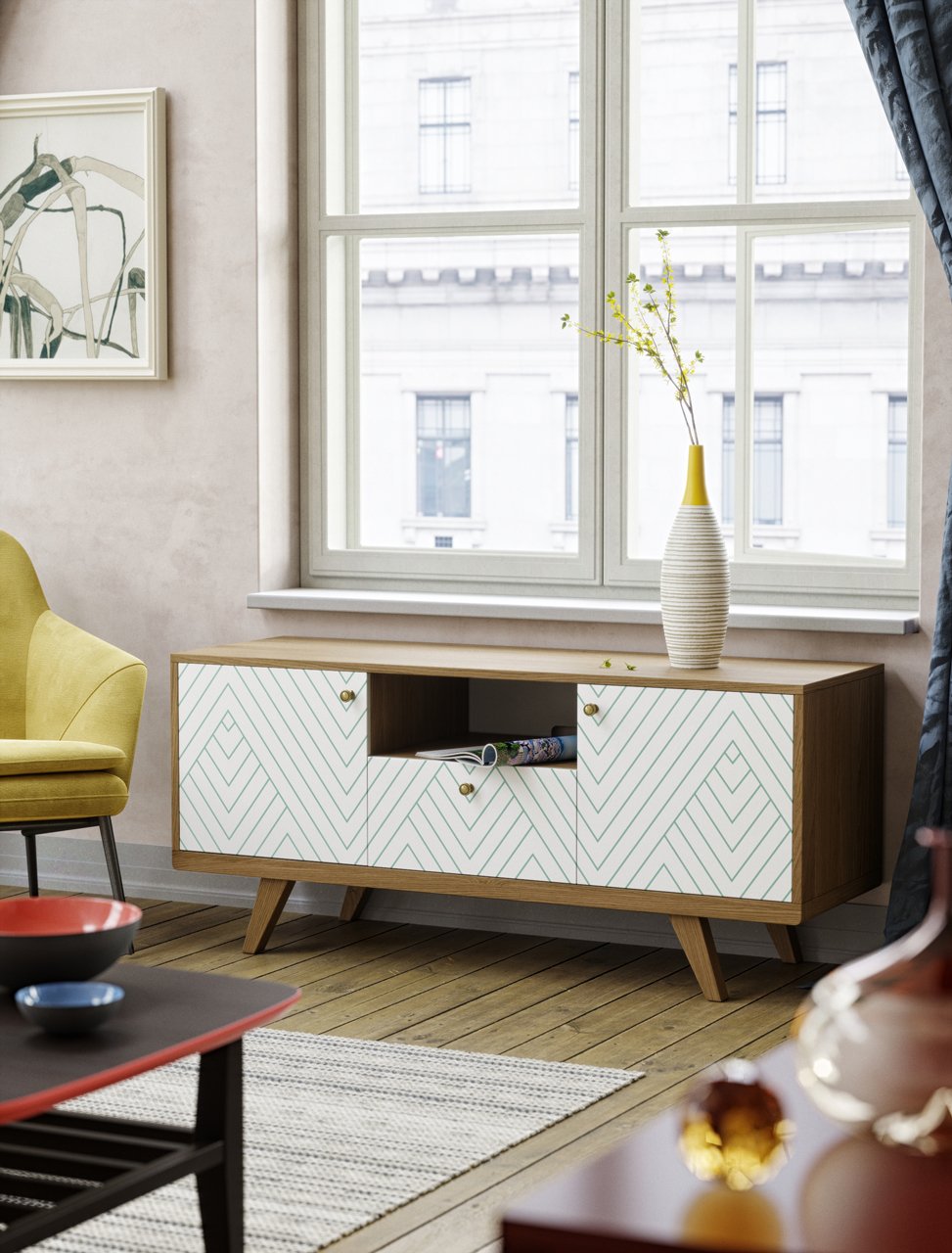 Тумба под телевизор с ящиком черный дуб с белым принтом Thimon THE IDEA  210232 Белый;черный  - Вид №2