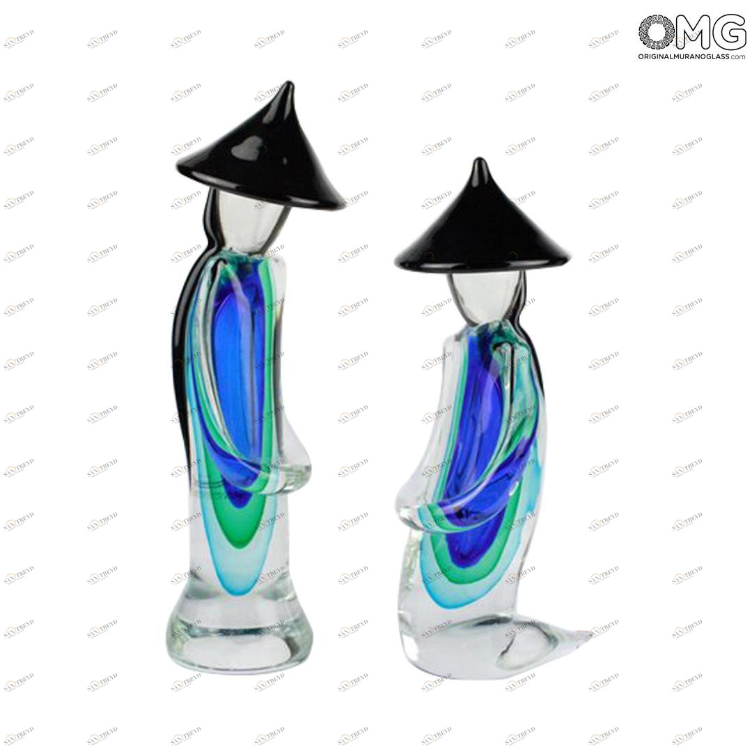 1710 ORIGINALMURANOGLASS Скульптура Синяя китайская пара - соммерсо - муранское стекло 15 см 