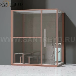 Effegibi H LARGE LO80030004 Комбинированная баня: хаммам и душ. Установка: в левый угол. Левая дверь. Мощность: 4,5 кВт макс. Размеры: длина 173 см, ширина 102 см. Отделка: матовый лакированный коричневый аллюминий и темный ламинат из керамогранита.
