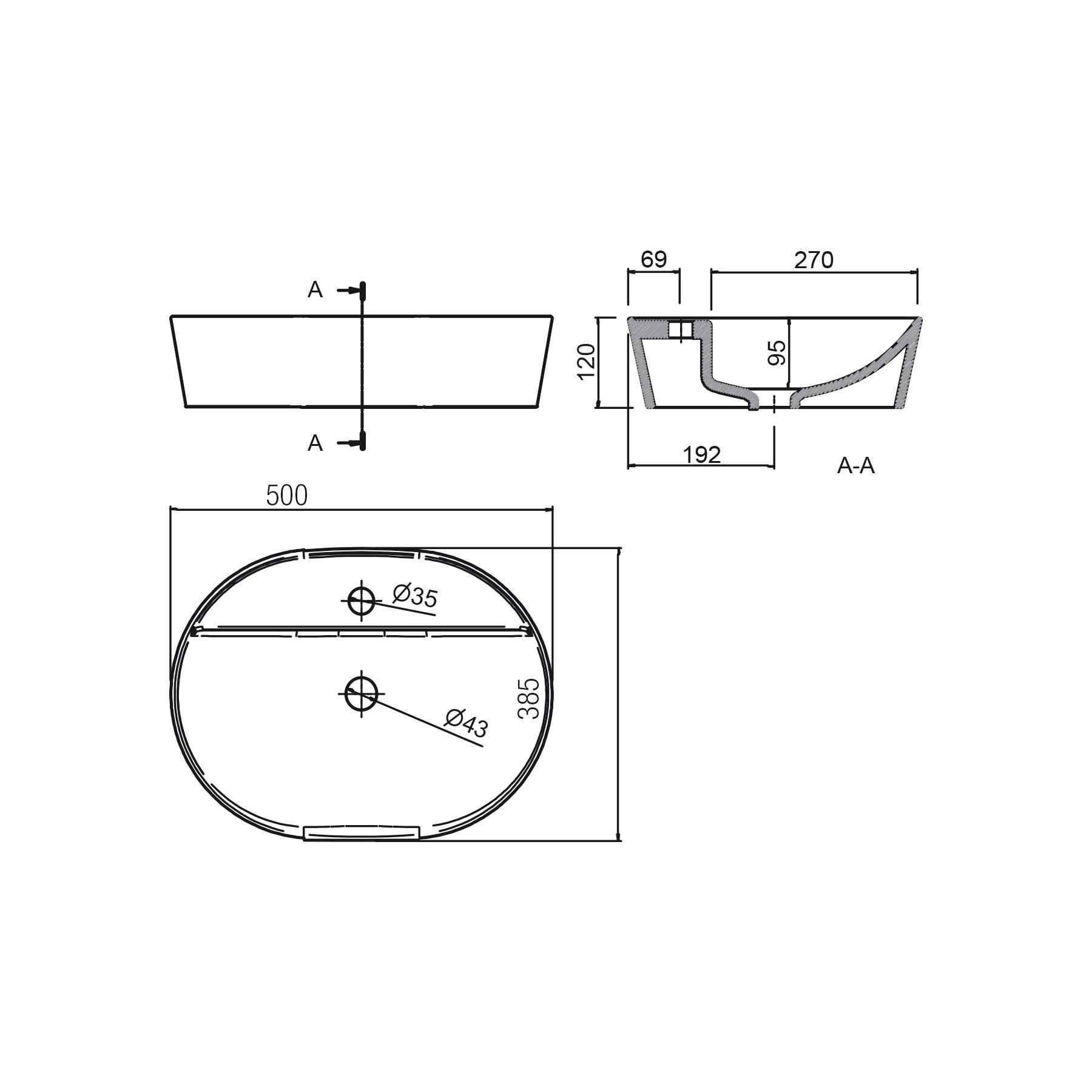 24553 SALGAR Раковина VARMEGA 515 WHITE PORCELAIN 500 x 385 x 120 мм  - Вид №1