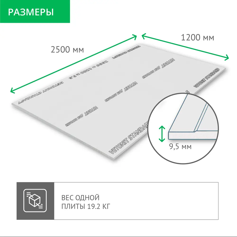 Гипсокартон 9.5 мм Vetonit Стандарт 2500X1200 мм 3 м² 85177201 STLM-2189793  - Вид №2