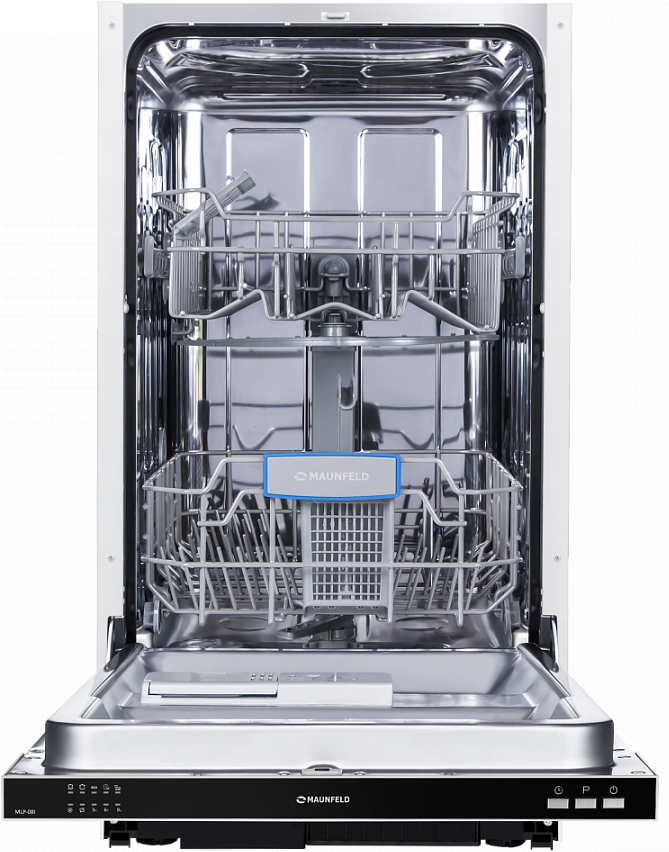 MLP-08I Посудомоечная бытовая машина / узкая, встраиваемая пмм 45см, 9 комплектов, 5 программ, расход 9л, электронное управление с led индикацией, 2 корзины, съемная корзина для столовых приборов, отсрочка старта 3/6/9 Maunfeld Santreyd  - Вид №1