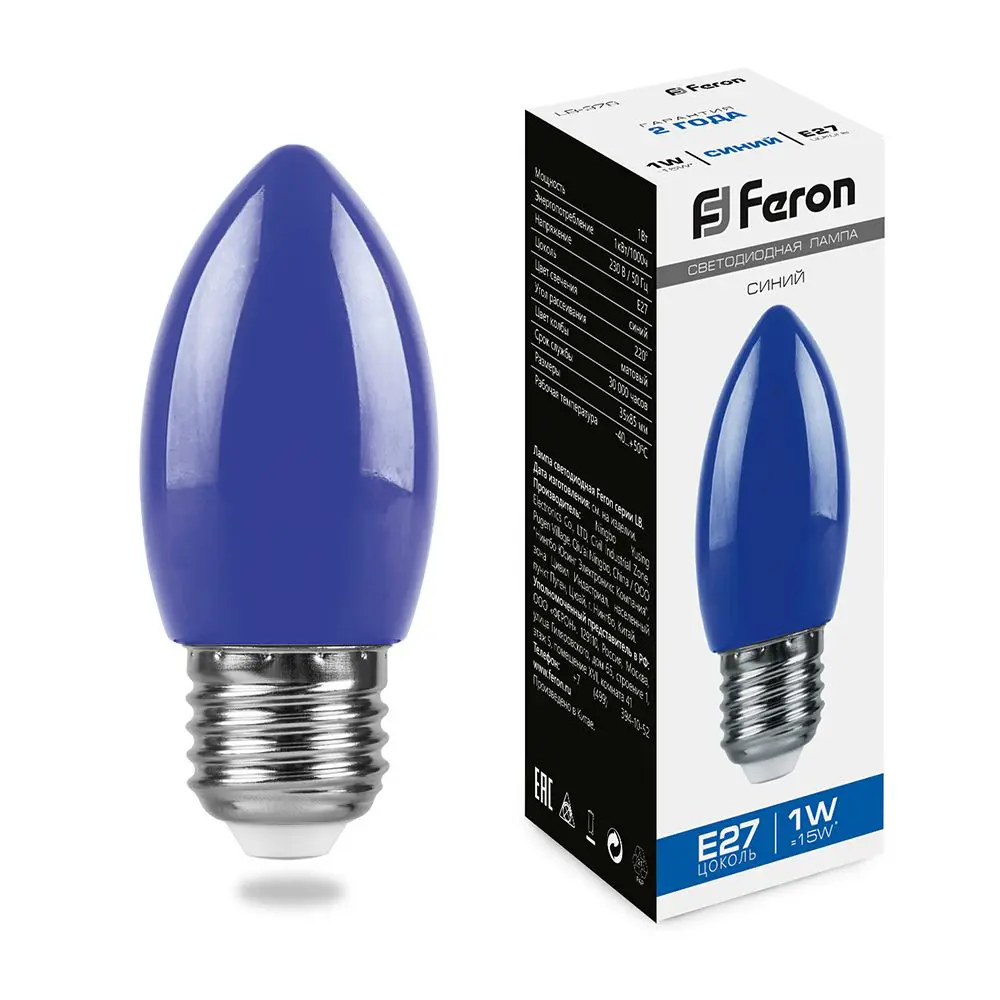 Лампа светодиодная Feron E27 LB-376 230 В 1 Вт свеча синий цвет света 85499834 STLM-2050479  - Вид №1