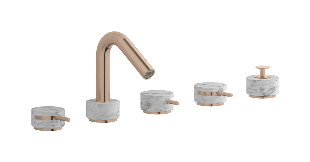 Смеситель на бортик ванной на 5 отверстий с дивертером и душевым гарнитуром. WE ARE IB mr396sr_1 Brushed Rose Gold Marmo