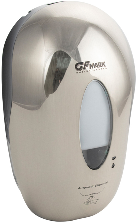 GFmark - Дозатор СЕНСОРНЫЙ, ДЕЗИНФЕКЦИЯ, модель КОКОН с окошком, пластик АБС, ХРОМ, с датчиком объёма жидкости и уровня заряда батарей, 1000 мл, код: 720