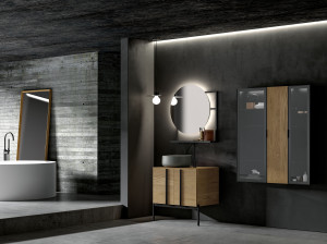 Туалетный столик с одной раковиной с зеркалом и навесными шкафами