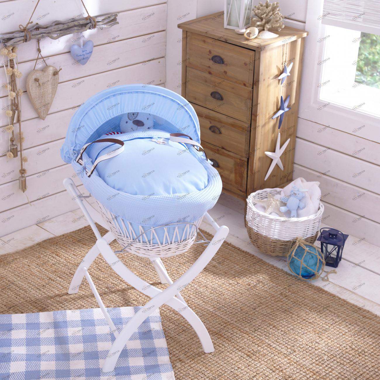 Колыбель-переноска Gift Wicker Moses Basket белая, голубое белье MINIME ДИЗАЙНЕРСКИЕ 010098 Белый 