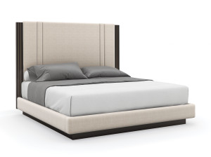 Двуспальная кровать из ткани с высоким изголовьем