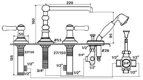 rvb Комплект для ванны с ручным душем на 4 отверстия 1935 wood 1936.11.70-cc - Вид №1
