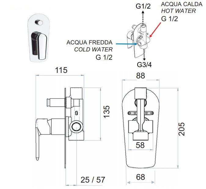 Remer Rubinetterie Смеситель для душа, однорычажный, с переключателем Vanity sun-id-1434534 - Вид №2
