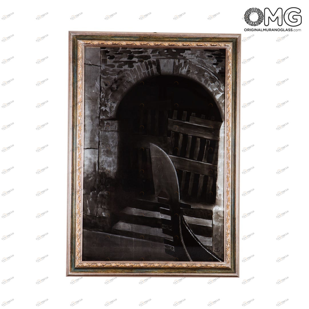 2438 ORIGINALMURANOGLASS Картина с рамкой - Нос гондолы в чёрно-белых цветах, эмаль на серебряном листе - муранское стекло - Original Murano Glass OMG 3 см 