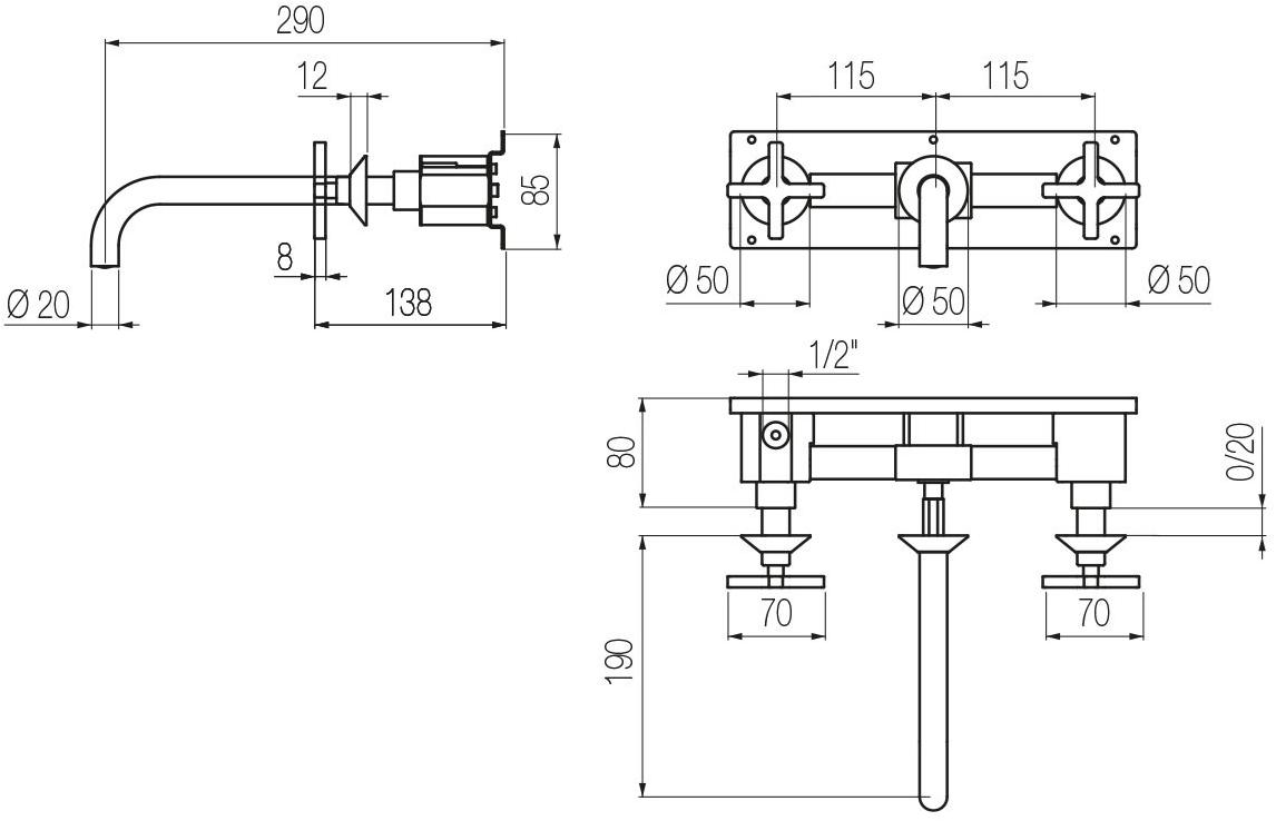 GEDA Смеситель для умывальника настенный на 3 отверстия Hugò Hug57 Santreyd Hugo - Вид №2