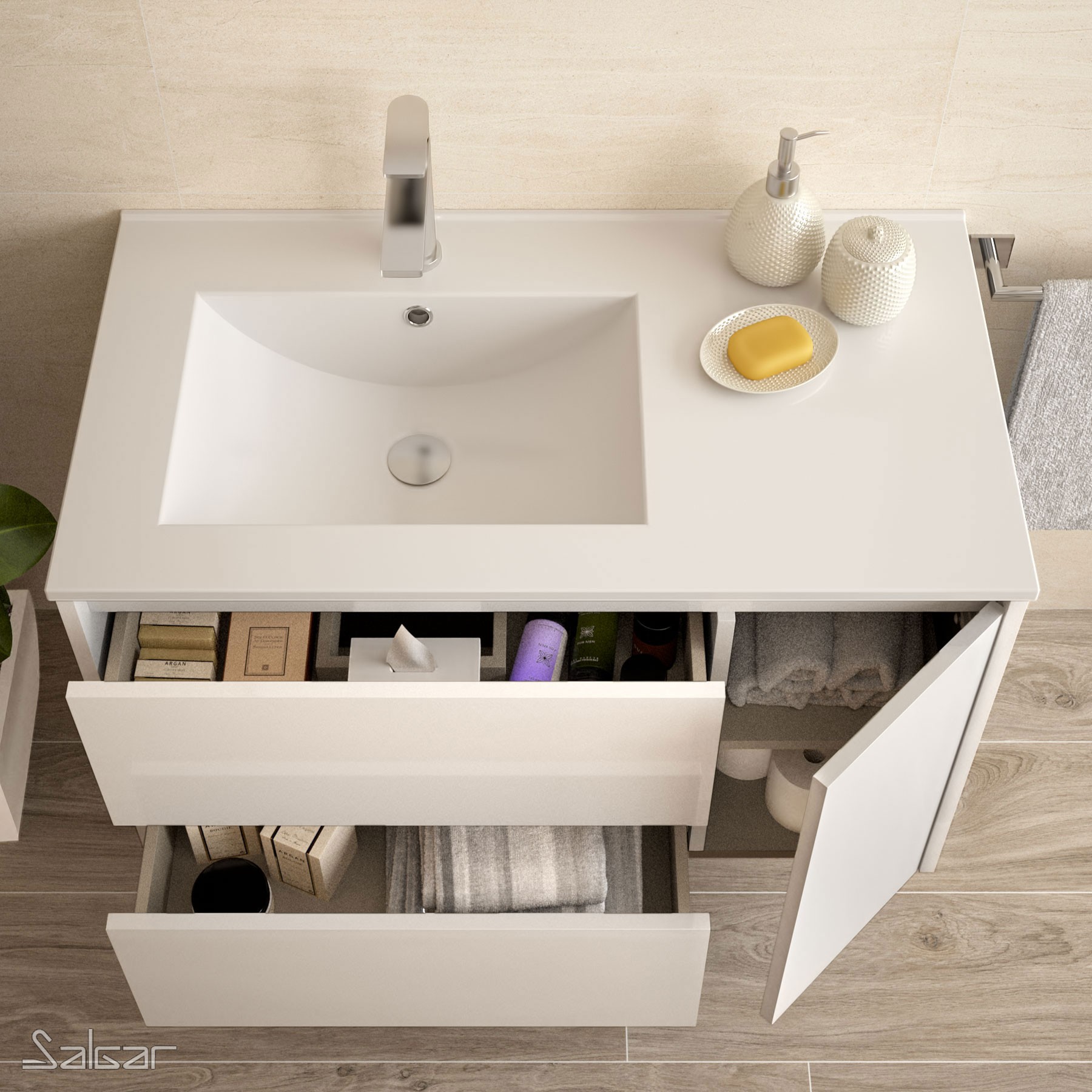 85054 SALGAR Мебель для умывальника NOJA 855 WHITE GLOSS LACQUERED + Раковина Глянцевый белый - Вид №1