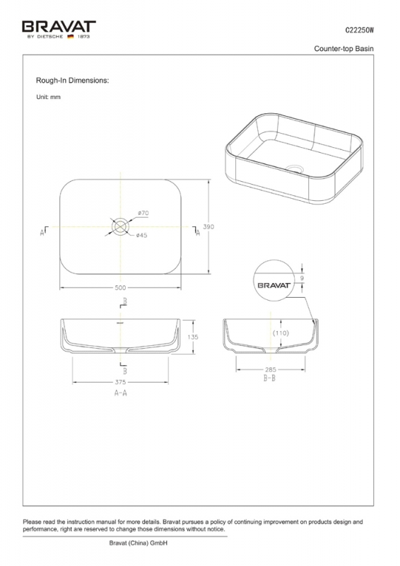 C22250W-ENG Накладная раковина на столешницу  овальная Bravat  - Вид №1