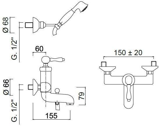 Rubinetteria Giulini Смеситель для ванны с ручным душем на 2 отверстия Hermitage - hermitage crystal F4401 - Вид №1