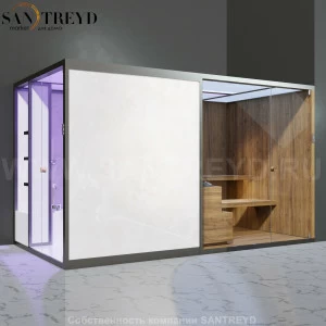 Effegibi BODYLOVE SH BL45210002 Боковая комбинированная баня: хаммам и сауна. Установка: в правый угол. Мощность: 15 кВт макс. Размеры: длина 393 см, ширина 176 см. Отделка: термообработанная древесина, светлый керамогранит.