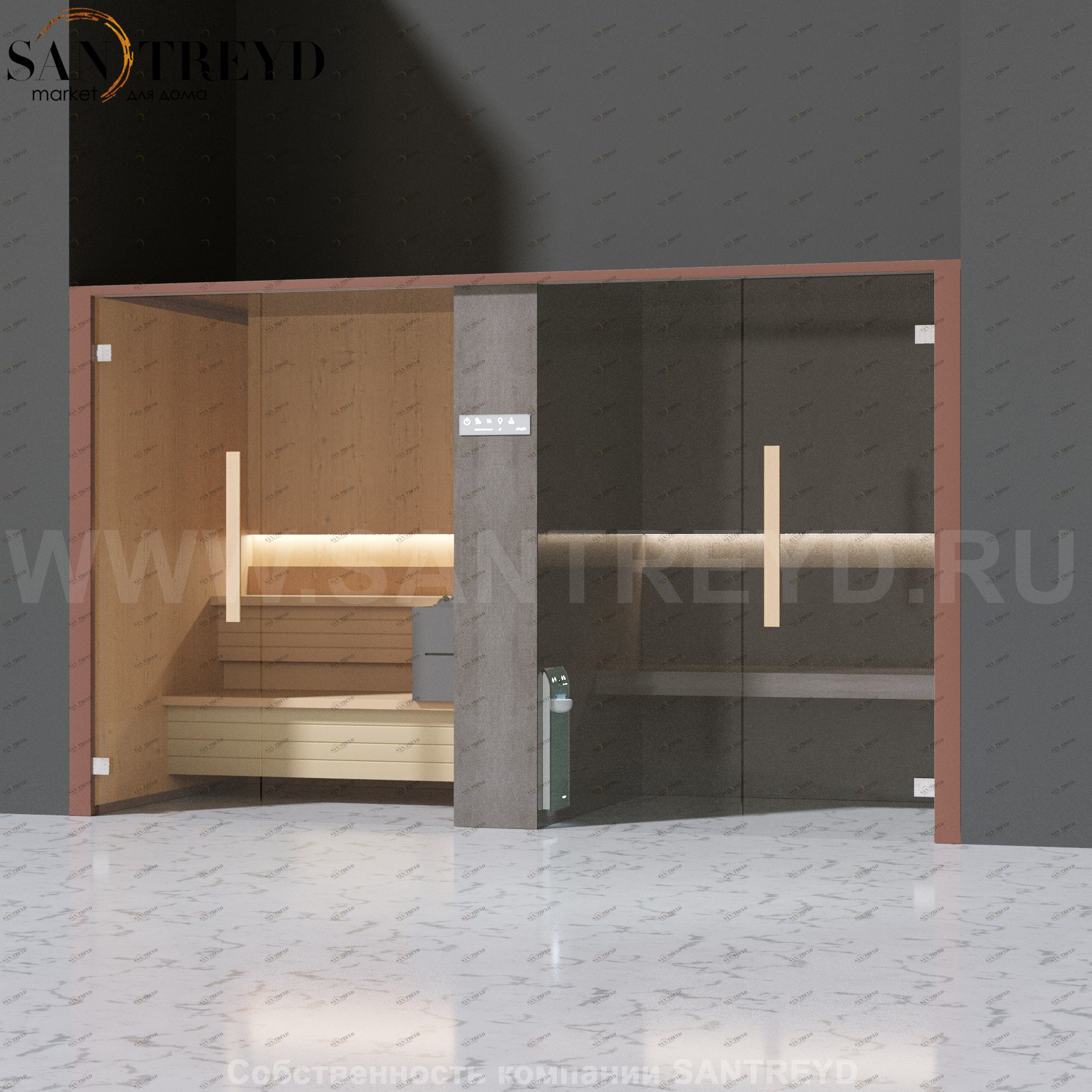 Effegibi LOGICAFILO SH LO41030005 Комбинированная баня: хаммам и сауна. Установка: в нишу. Мощность: 10,5 кВт макс. Размеры: длина 373 см, ширина 171 см. Отделка: канадский хемлок, матовый лакированный коричневый аллюминий и темный ламинат из керамогранит