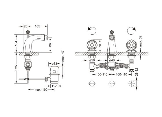 Смеситель для биде на три отверстия ½" JOERGER Florale Crystal 600.30.100.000-AA - Вид №1
