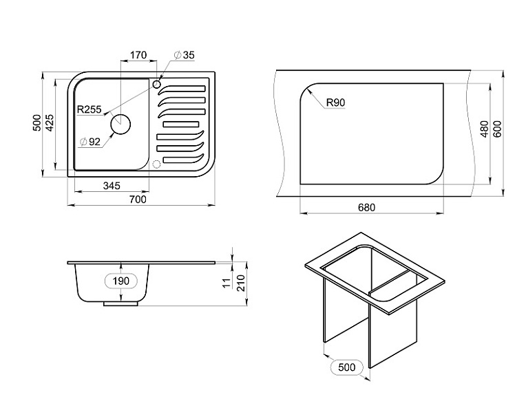 7001, ЧЁРНЫЙ, кухонная мойка, кварц GRANULA 7001-ST121 - Вид №3