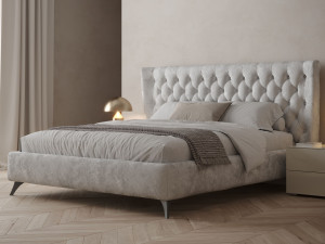 Кожаная двуспальная мягкая кровать с капитонным изголовьем